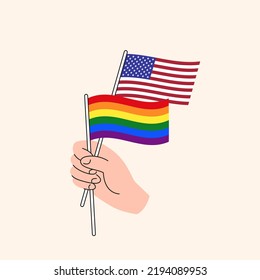 Cartoon Hand Holding United States And LGBTQ Rainbow Flags. US and LGBT Minorities Relationships. Concept of Freedom of Love, Speech and Human Rights. Flat Design Isolated Vector