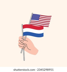 Cartoon Hand Holding United States And Dutch Flags, US Netherlands Relationships. Concept of Diplomacy, Politics And Democratic Negotiations. Flat Design Isolated Vector