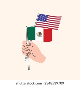 Cartoon Hand Holding United States And Mexican Flags, US Mexico Relationships. Concept of Diplomacy, Politics And Democratic Negotiations. Flat Design Isolated Vector