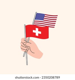 Cartoon Hand Holding United States And Swiss Flags. US Switzerland Relationships. Concept of Diplomacy, Politics And Democratic Negotiations. Flat Design Isolated Vector