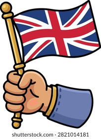 Cartoon hand holding a waving British flag on a golden pole, symbolizing patriotism or national pride against a clean white background.