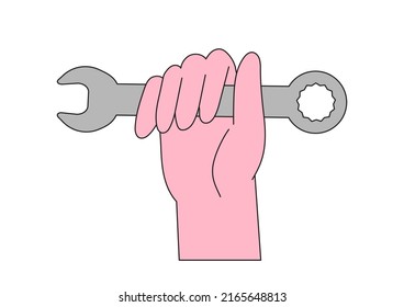 Cartoon hand holding wrench tool isolated on white background. Vector flat with outline illustration or icon. Home repair or renovation emblem concept. 