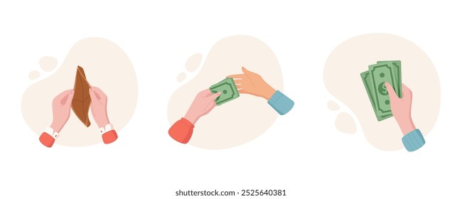 Cartoon hand holds cash and wallet, money transfer, and payment concept. Isolated finance set, showing give and hold cash, isolated on white background, ideal for economic business themes.