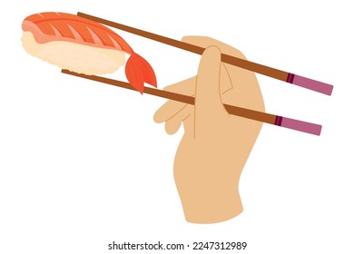 Cartoon hand holds chopsticks with shrimp sushi. Japanese cuisine, traditional food isolated on white background