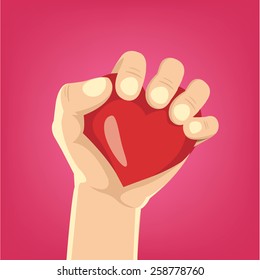 Cartoon hand holds heart. Vector illustration