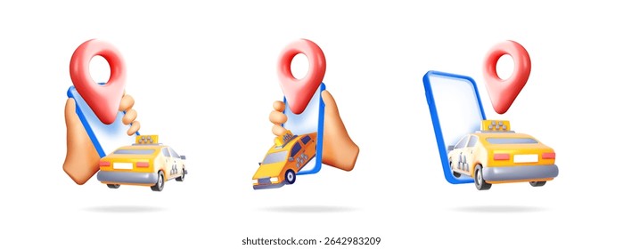 A cartoon hand holds a phone with a red map pin and a yellow taxi on the screen. Online taxi service concept.