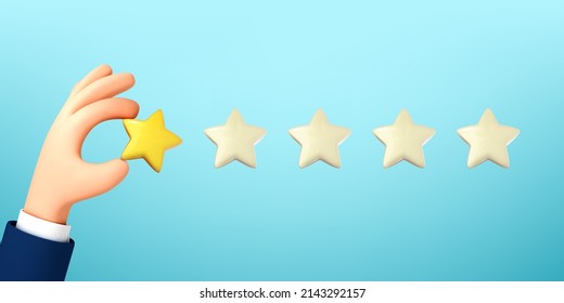 Cartoon hand holds rating star. Feedback or rating concept. Good review, supporting client service successful. Vector 3d illustration