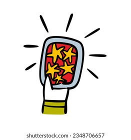 Cartoon hand holds the smartphone, evaluates the blog post and gives the highest score. Vector illustration of modern communication in social networks. Funny character isolated on white background.