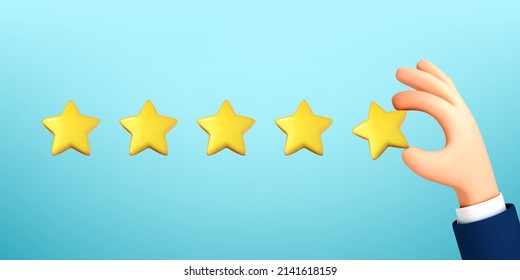 Cartoon hand holds yellow star. Feedback or rating concept. Good review, supporting client service successful. Vector 3d illustration
