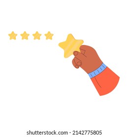 Cartoon hand holds yellow star. Gives the rating Five stars. Customer good review, supporting client service successful. Online feedback, survey concept. Modern flat vector illustration 