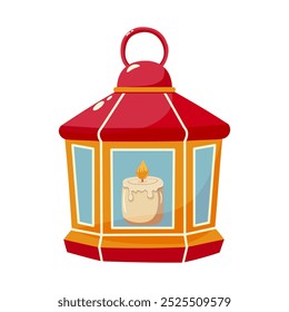 Cartoon hand lamp with candle isolated. A red portable lantern with a burning candle inside. Festive design is ideal for themes related to decoration, light, or festive event.
