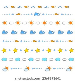 Cartoon-Hand-Läufer-Segmentierung Linie, süßer Wal, Wolken und Sonne