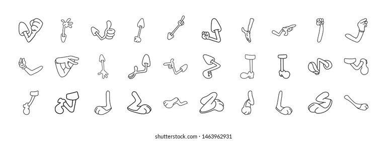 Cartoon hand   legs  Legs   hands  Feet   glove hand character foot in sneakers kicking  walking   running  Vector isolated illustration symbols set