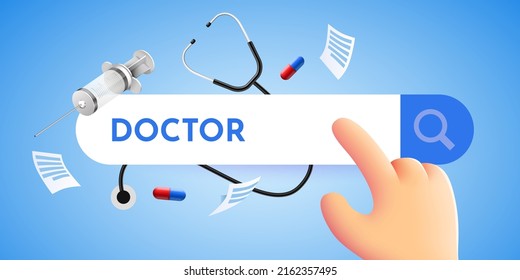 Caricatura en busca de un médico usando Internet. Ilustración del vector
