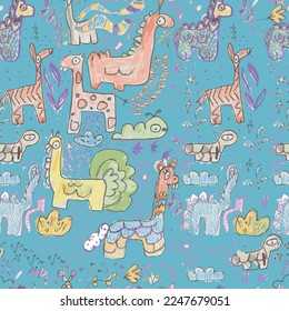 Cartoon and hand made Dinosaur Vector Seamless pattern for kids fashion. Childish Colorful Background with Hand drawn doodle Striped Cute Dinosaurs