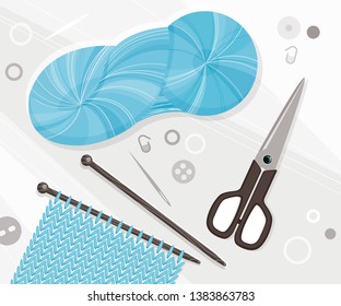 Cartoon hand made knitted concept Include of Tools Needles, skein of Yarn, Knit, Scissors. Vector illustration on neutral background