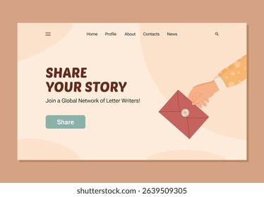 Cartoon hand with a mail envelope. Hand delivering letter for review and survey banner. Business communication concept combining feedback, comment, and customer satisfaction in a creative style,