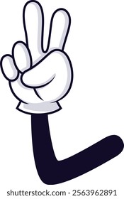 Cartoon hand making peace sign with two fingers raised, symbolizing victory, peace, or agreement in a playful and expressive way, isolated on white background