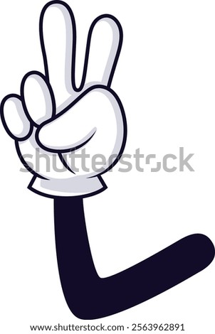 Cartoon hand making peace sign with two fingers raised, symbolizing victory, peace, or agreement in a playful and expressive way, isolated on white background