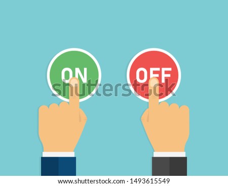 Cartoon hand on off button for concept design. Power button. Business concept. Press button icon vector. EPS 10