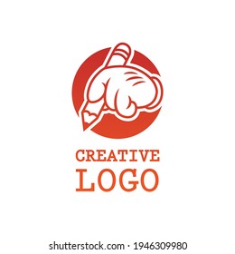 cartoon hand with pencil - logo
