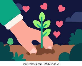 cartoon hand planting a glowing sapling with hearts, celebrating world environment day and love for our planet.