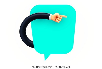 Cartoon hand pointing to chat bubble. Vector illustration