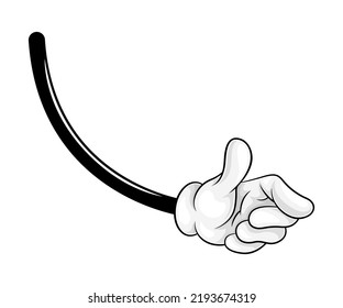 Mano de caricatura con dedo señalador y brazo cómico con cinco dedos en imagen de vectores de guantes blancos