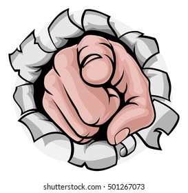 A cartoon hand pointing finger punching a hole through the background