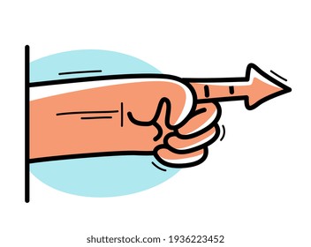 Cartoon hand pointing finger in a shape of arrow vector flat style illustration isolated on white, humorouse cursor sign.