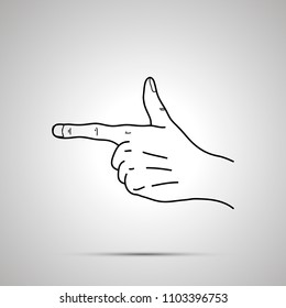 Cartoon hand in pointing gesture, simple outline icon on gray