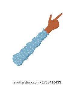 Mano de dibujos animados apuntando hacia arriba con un dedo. Gesto de la mano humana que muestra el número uno con el índice extendido. Brazo marrón en manga azul, estilo plano, elemento educativo, aislado en fondo blanco,