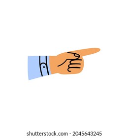Caricatura apuntando a la derecha. Un brazo en una manga con un dedo índice en una camisa azul. Gesto de la mano apuntando hacia el fondo blanco. Ilustración del material vectorial de la parte de la carrocería aislada.