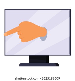 Cartoon hand wijzend door computerscherm geeft richting, met behulp van wijsvinger voor de nadruk, in een digitale interactie concept