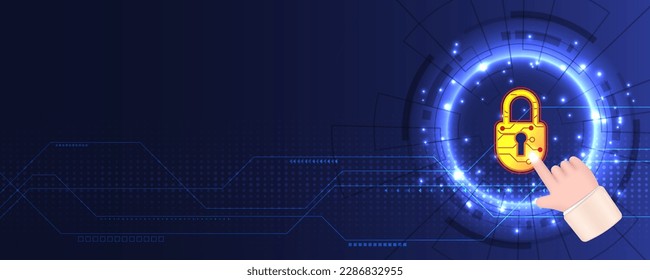La mano de dibujo apunta al candado del circuito de seguridad en el fondo de la tecnología. Concepto de protección de red. Concepto de innovación del sistema de protección digital de la ciberseguridad.