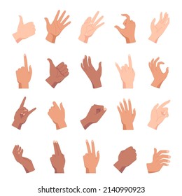 Cartoon hand poses, holding, pointing and like gesture. Diverse people hands, fists and palm positions and signs. Woman arm count vector set. Showing direction, size, numbers and approval signal