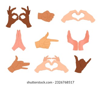 Cartoon hand positions. Human hands gestures, heart sing, index finger and pray gesture flat vector illustration set. Various hand gestures