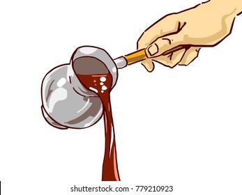 Cartoon hand pouring coffee from turkish coffee pot. Full color vector sketch isolated at white background. Concept.