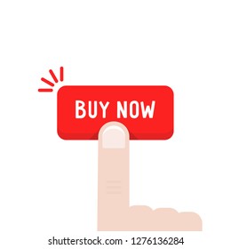 cartoon hand press on buy now button. flat minimal cpc logotype graphic design isolated on white. concept of forefinger badge for online store or e-commerce client making easy decision or pre-order