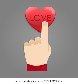Cartoon hand pressing a heart button with index finger extended, vector illustration.