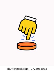 Mano de dibujos animados presionando un Botón redondo con líneas de movimiento para mostrar la interacción. Estilo de Vector plano limpio ideal para UI, UX, acciones de App, llamada a la acción y conceptos de interfaz digital.