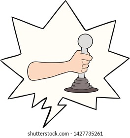 cartoon hand pulling lever with speech bubble