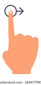 Cartoon hand reaching out with an index finger, making contact with a digital button featuring an arrow symbol, illustrating user interface interaction and navigation on screens