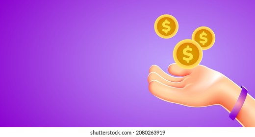 Cartoon Hand receives or gives money. Financial success, salary, growth income, savings or investment. Vector illustration