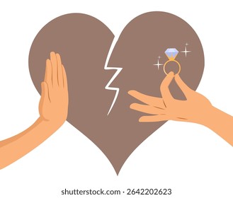 Cartoon of a hand rejecting a wedding ring with a broken heart in the background. Drawing for relationship drama or breakup concepts