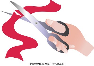 A cartoon of a hand with scissors cutting a red ribbon