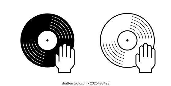 Cartoon hand scratching on vinyl or lp. The hands of DJ disk jockey turntable icon. Vinyl record album. Phonograph, music recording. Gramophone label and badge. dj hands. deejay in action. 