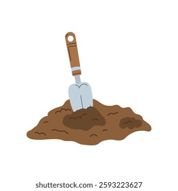 Cartoon hand shovel in the ground. Vector hand drawn illustration. Isolated on white background