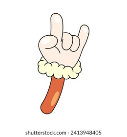 Cartoon hand showing sign of horns. Vector isolated image or patch, badge for winter holidays. Greetings card for new year or merry christmas celebration. Xmas festive card as pop art icon. Wintertime
