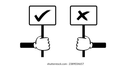 Cartoon hand and signboard vote. Accept or unaccepted vote. Don't or Dont Do's or don'ts. Unlike or dislike day hands. Compliments, oke or like hand thumb up or thumbs down. Yes or no feedback.